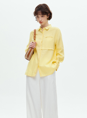 VER TOW 2025夏季新款女士黄色亚麻衬衫气质通勤时尚简约长袖衬衣