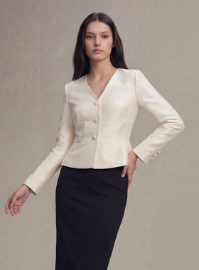 VER TOW 26春新品 白色桑蚕丝羊毛收腰V领小西装通勤职业短款外套