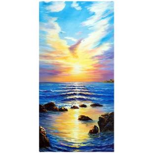纯手绘油画日出玄关竖版装饰画简约北欧大海挂画海阔天空