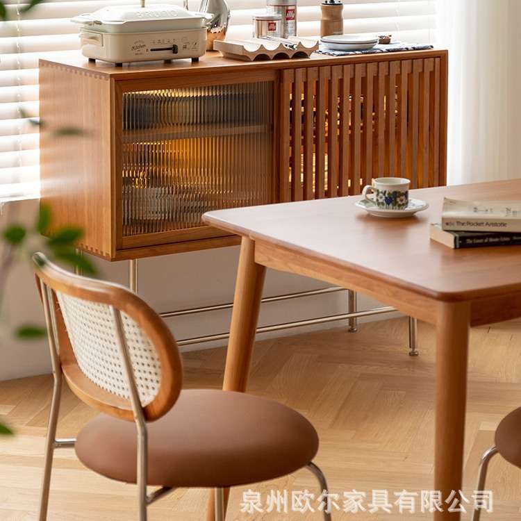 家用复古实木餐边柜 客厅不锈钢小户型酒柜边柜卧室樱桃木收纳柜