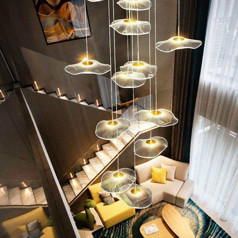 楼梯吊灯复式楼别墅客厅大吊灯现代简约创意荷叶旋转挑空loft灯具