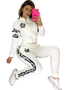 Y71155欧美女装冬款长裤长袖面料加厚户外运动绑带印花性感两件套