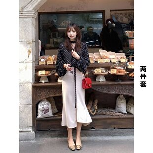 春季新款女装港风御姐清纯系松弛感穿搭波点衬衫鱼尾裙子两件套装