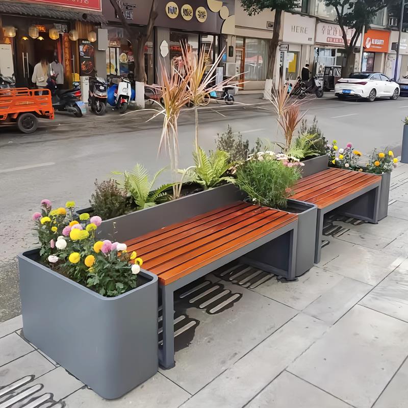 户外铁艺金属坐凳花箱商场休息座椅花坛组合围栏长凳商业街花坛