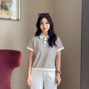 商场同款阿玛施女装2026夏季新款polo衫翻领条纹短袖T恤上衣
