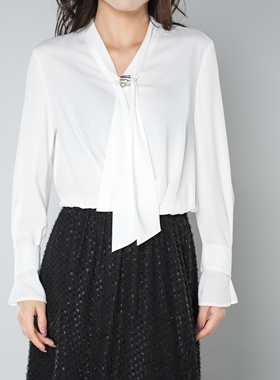 阿玛施女装正品2026春夏季新款百搭气质飘带雪纺白色长袖衬衫上衣