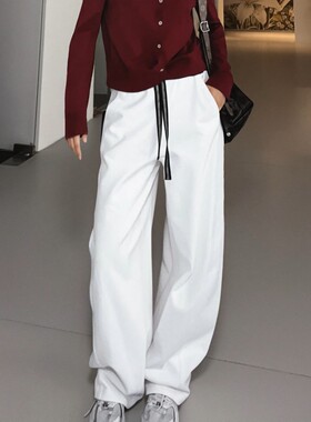 阿玛施女装正品2026春季新款松紧高腰白色系带直筒弯刀阔腿休闲裤