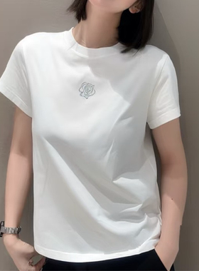 阿玛施女装正品2026春夏季新款纯棉山茶花修身白色短袖T恤女上衣