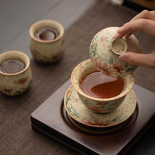 火石红焦糖釉盖碗青花向日葵功夫茶具陶瓷泡茶壶单壶家用泡茶器