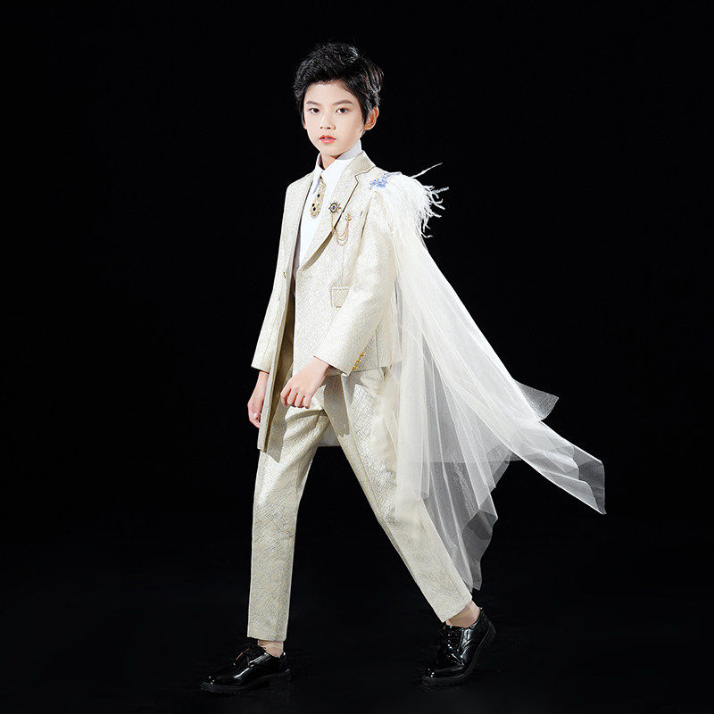 男童不对称个性肩纱香槟色风衣礼服套装儿童主持模特走秀演出西服
