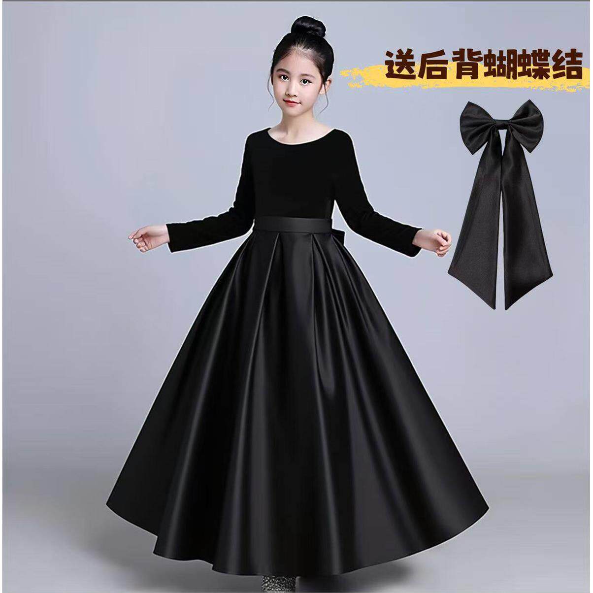 女童黑色长袖丝绒礼服大摆蓬蓬裙钢琴演出服主持人大合唱表演服