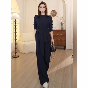 大码女装秋季新款洋气时尚气质收腰系带上衣长裤子套装胖mm两件套