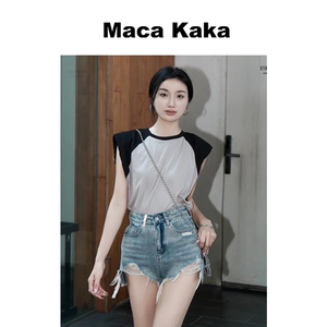 Maca Kaka 黑灰拼接Bella-T恤吊带背心女内搭无袖上衣