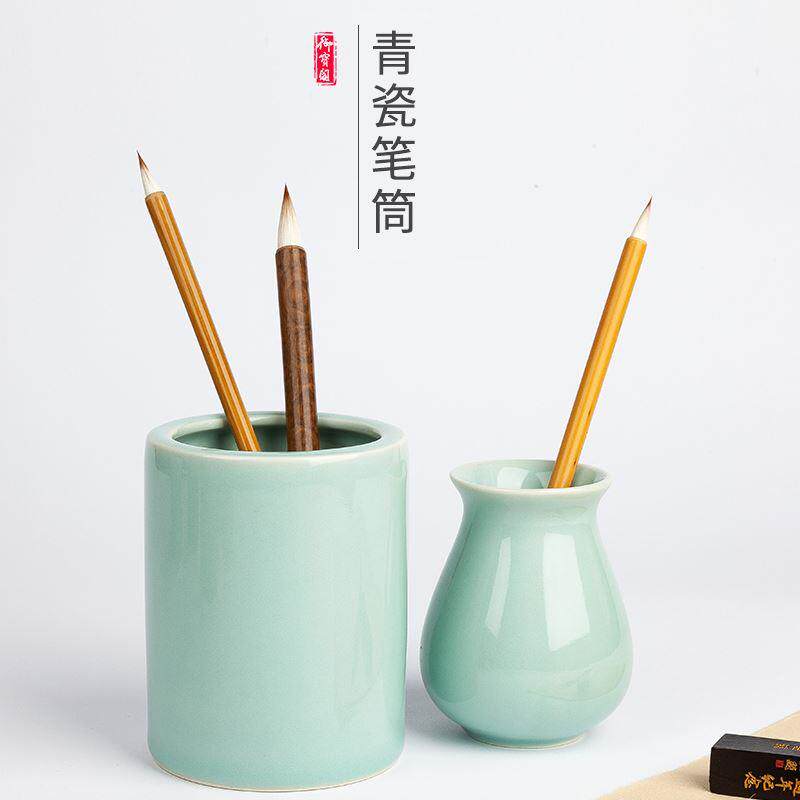 御宝阁中国风陶瓷多功能笔筒学生桌面复古创意文具收纳盒可爱简约