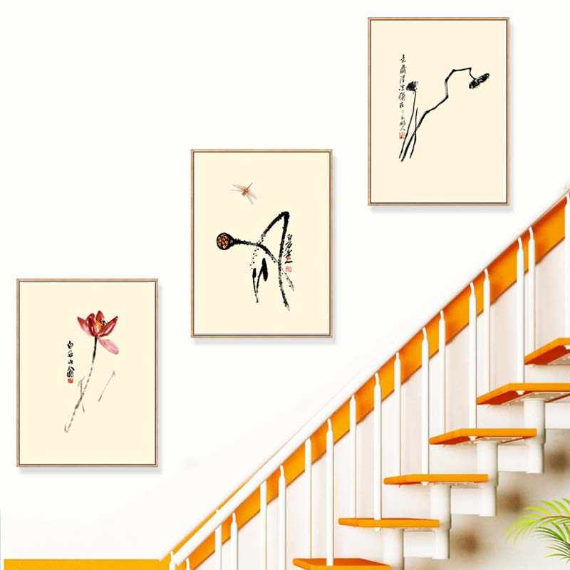 楼梯间装饰画新中式风格荷花书房茶室中国风墙画客厅卧室饭厅挂画图片