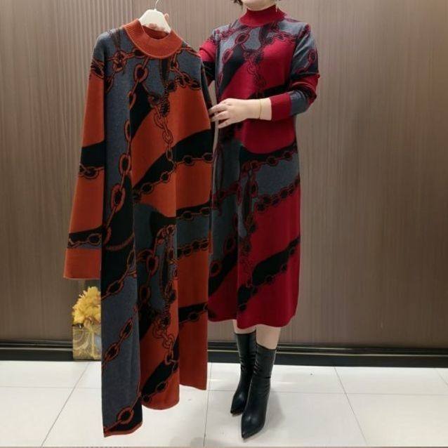 秋冬季高档减龄休闲宽松中长款针织连衣裙时尚显瘦洋气妈妈毛衣款