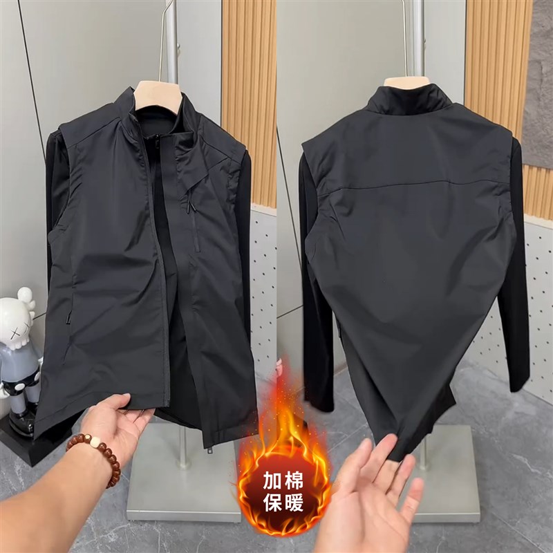秋季新款男士马甲加棉保暖立领款拉链纯色休闲雅痞男无袖外套潮男