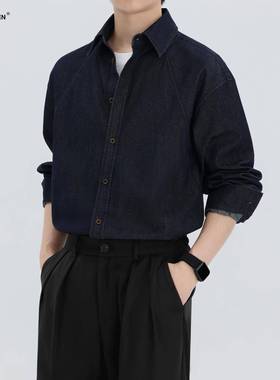 陈智文秋季新款水洗覆古蓝色牛仔长袖衬衫宽松衬衫休闲 上衣外套