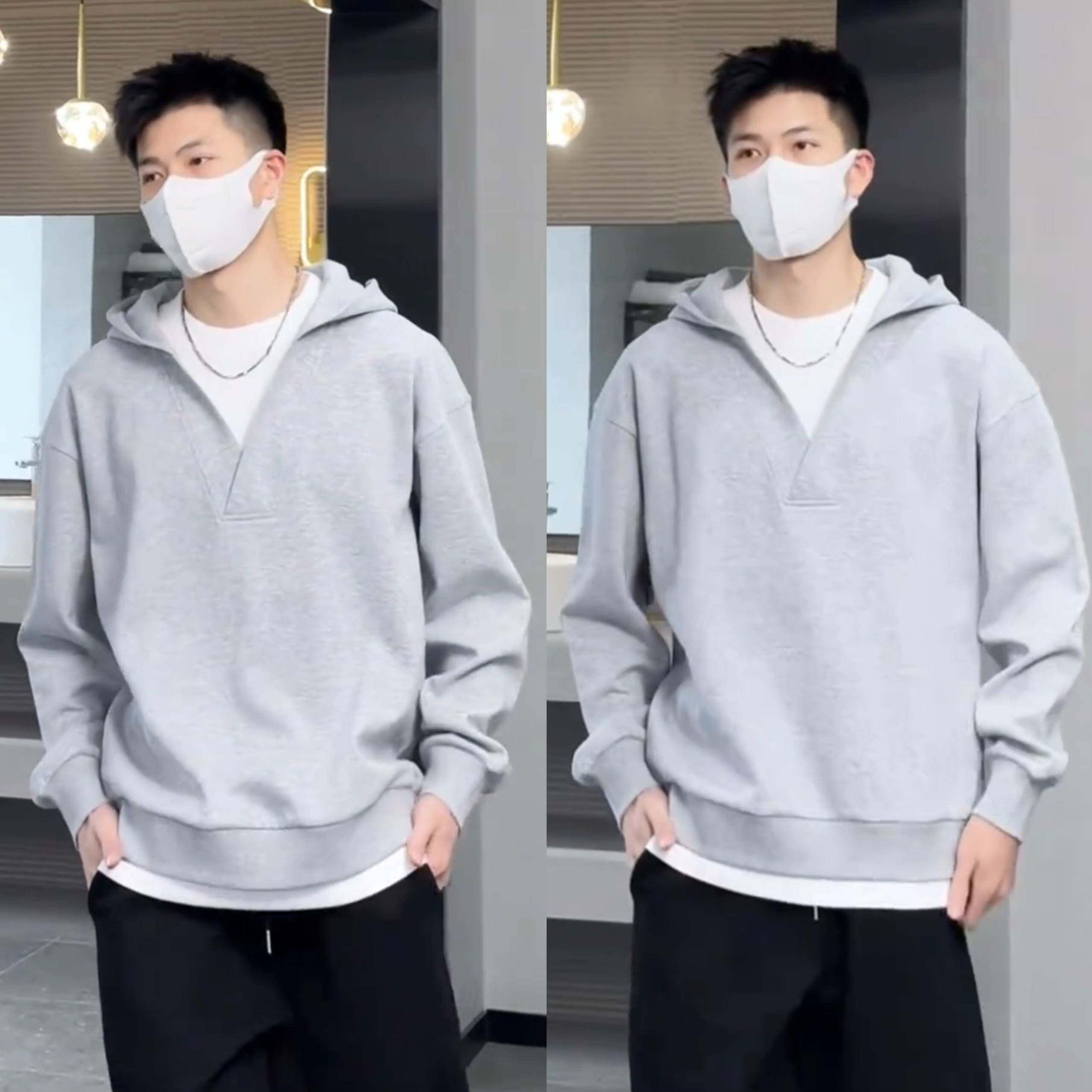 季新简假两件连帽V领卫秋衣男士高级感时尚百搭休闲圆约TCI领上款