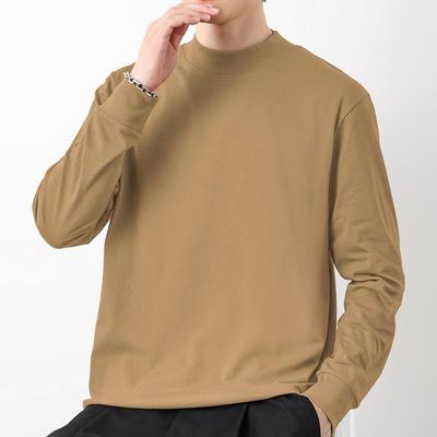 重磅纯棉t恤男长袖半高领全棉保暖内搭加绒加厚打底衫中领秋衣服