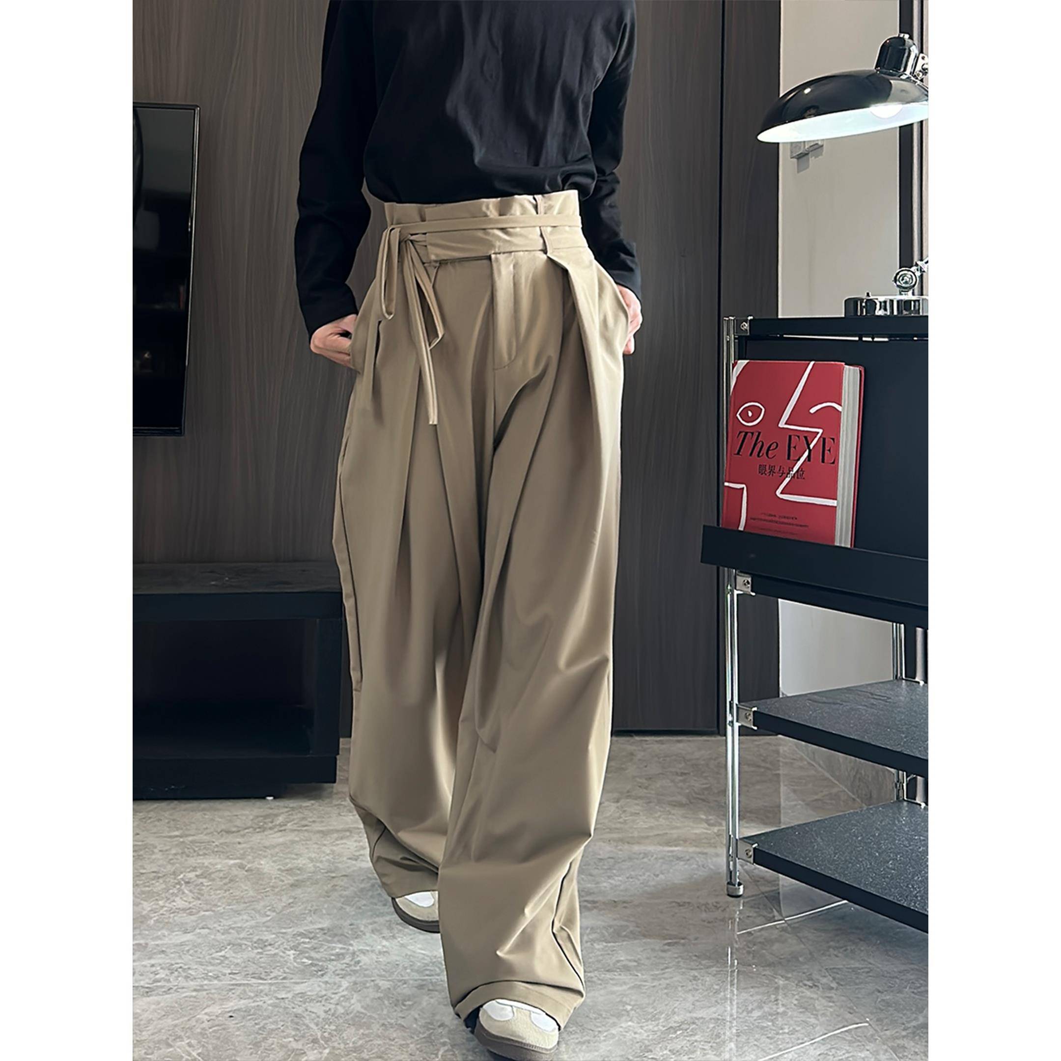 EDMI 设计感高腰西裤休闲 裤男垂感直筒西裤长裤韩版简约宽松西裤