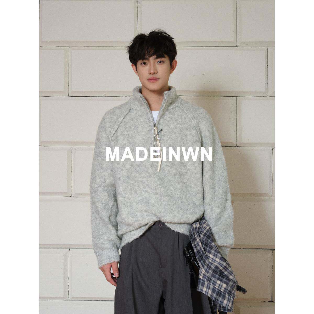 MADEINWN 羊毛混纺立领长袖宽松纯色慵懒风圈圈毛半拉炼毛衣外套