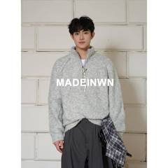 MADEINWN 羊毛混纺立领长袖宽松纯色慵懒风圈圈毛半拉炼毛衣外套