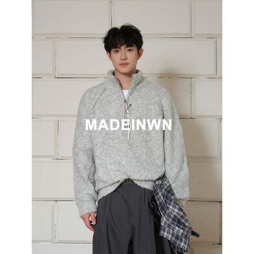 MADEINWN 羊毛混纺立领长袖宽松纯色慵懒风圈圈毛半拉炼毛衣外套