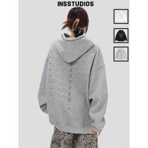 INSstudios 国潮情侣美式「铆钉脊骨刺绣连帽卫衣」宽松加绒帽衫