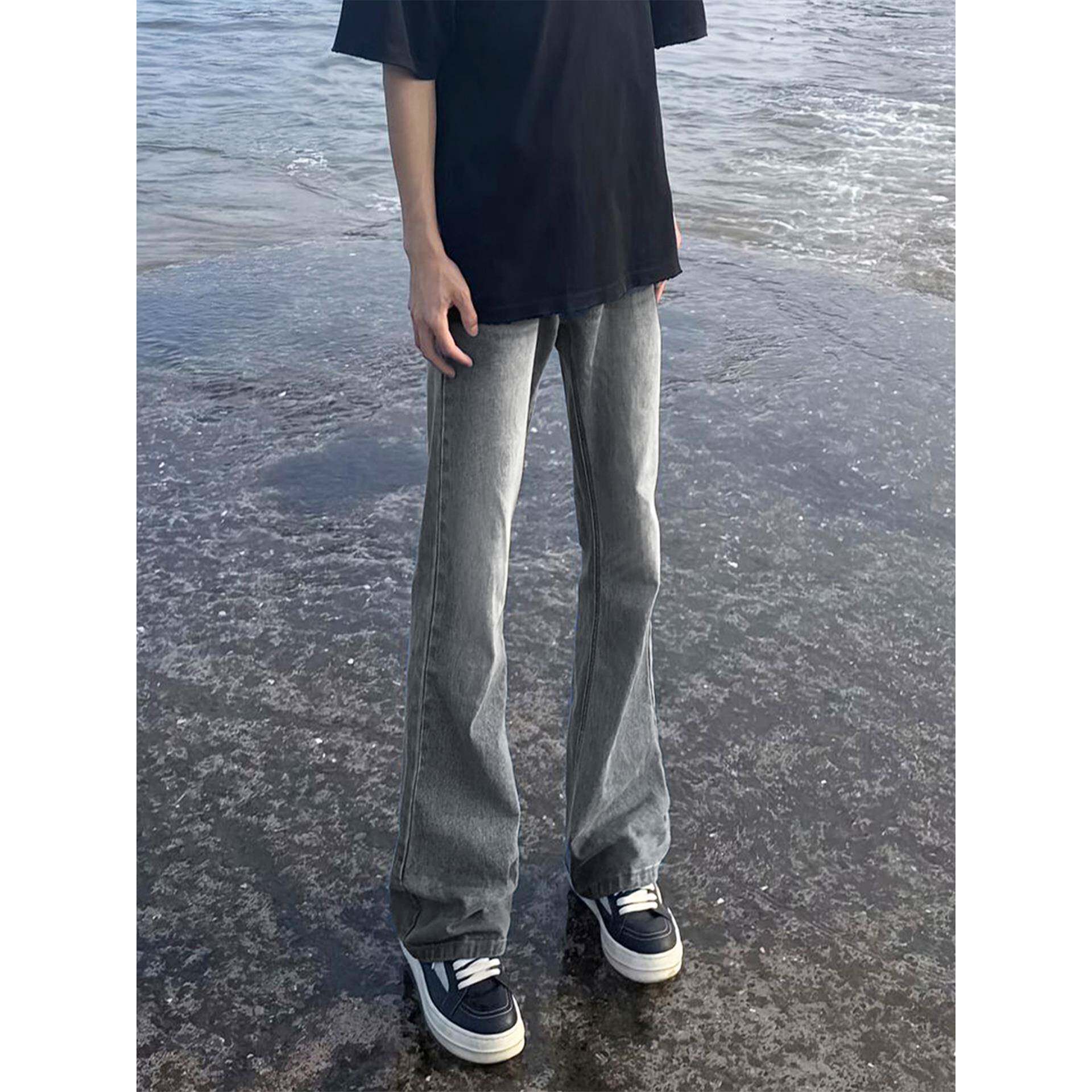烟灰色微喇牛仔裤男2025新款春秋裤子男生美式高街弹力窄版直筒裤