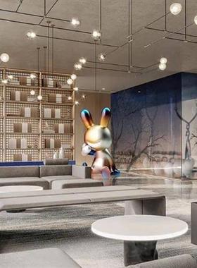 现代卡通玻璃钢兔子电镀雕塑摆件客厅家居装饰坐姿大型落地摆件