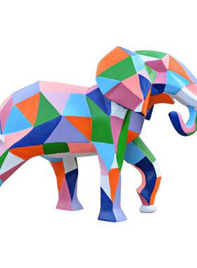 户外大象玻璃钢几何彩绘雕塑摆件花园庭院楼盘动物抽象工艺品装饰