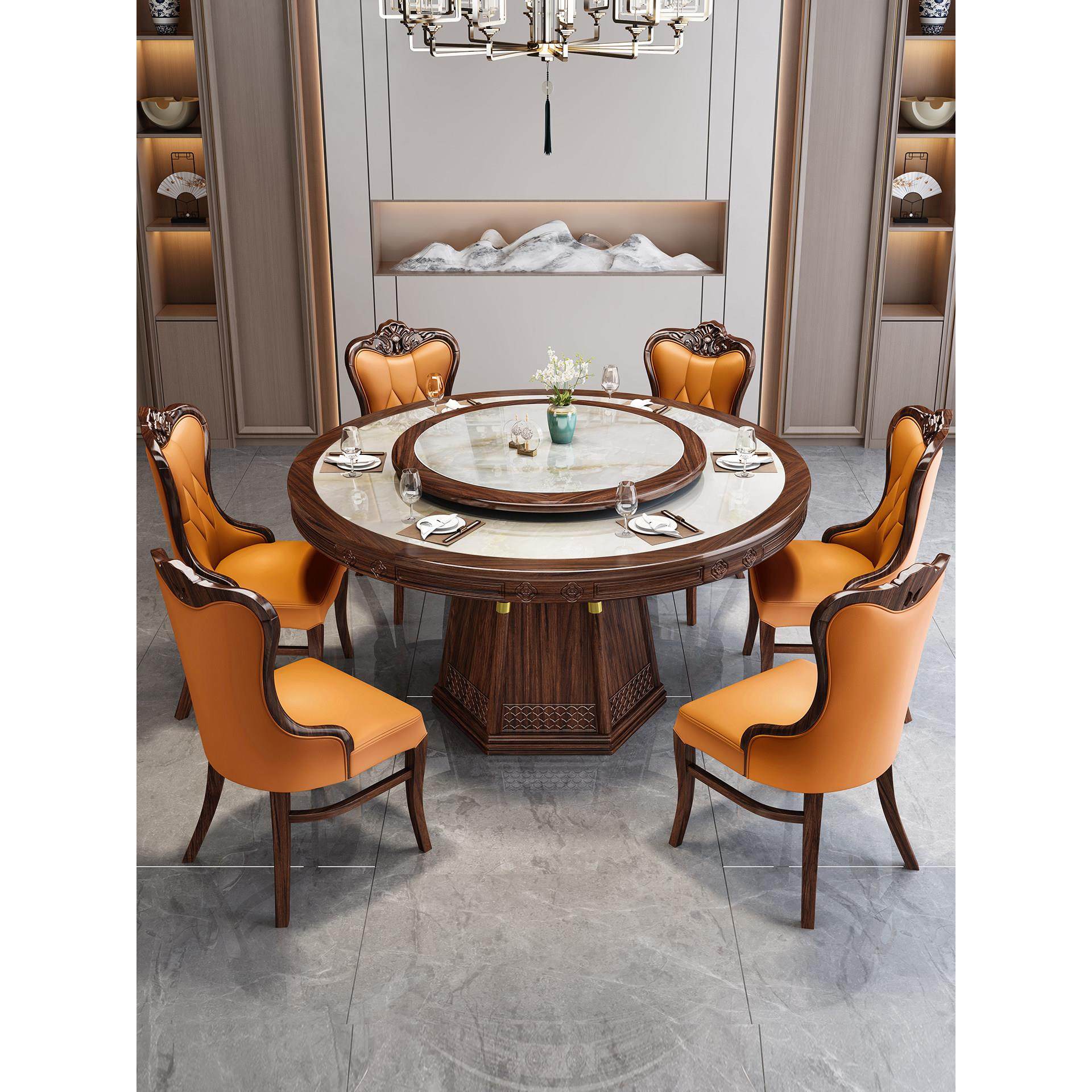高端岩板餐桌椅组合新中式乌金木雕花家用别墅实木圆桌电磁炉饭桌,住宅家具,岩板餐桌,淘宝优惠券,粉丝福利购,淘宝优惠卷
