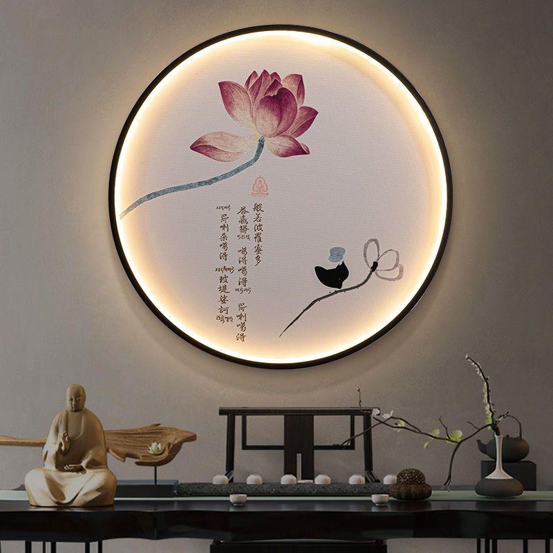 新中式玄关壁灯禅意莲花中国风走廊卧室圆形沙发背景墙装饰灯