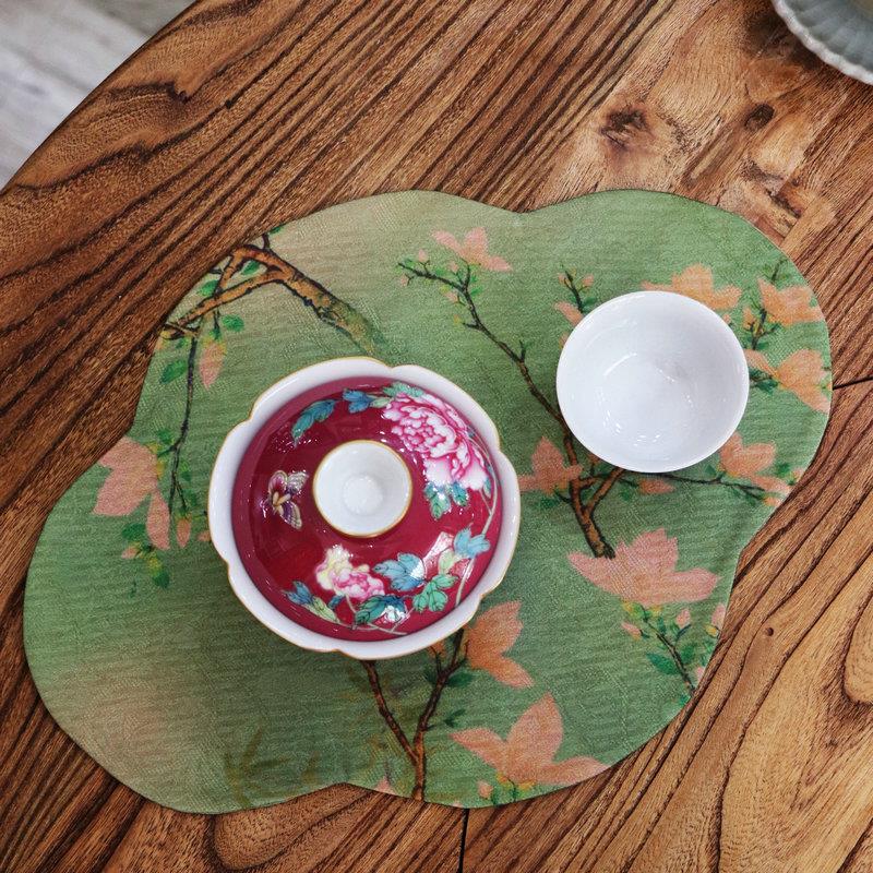 茶垫主人席 海棠茶席布艺手工双面 新中式茶席吸水干泡垫子缎面