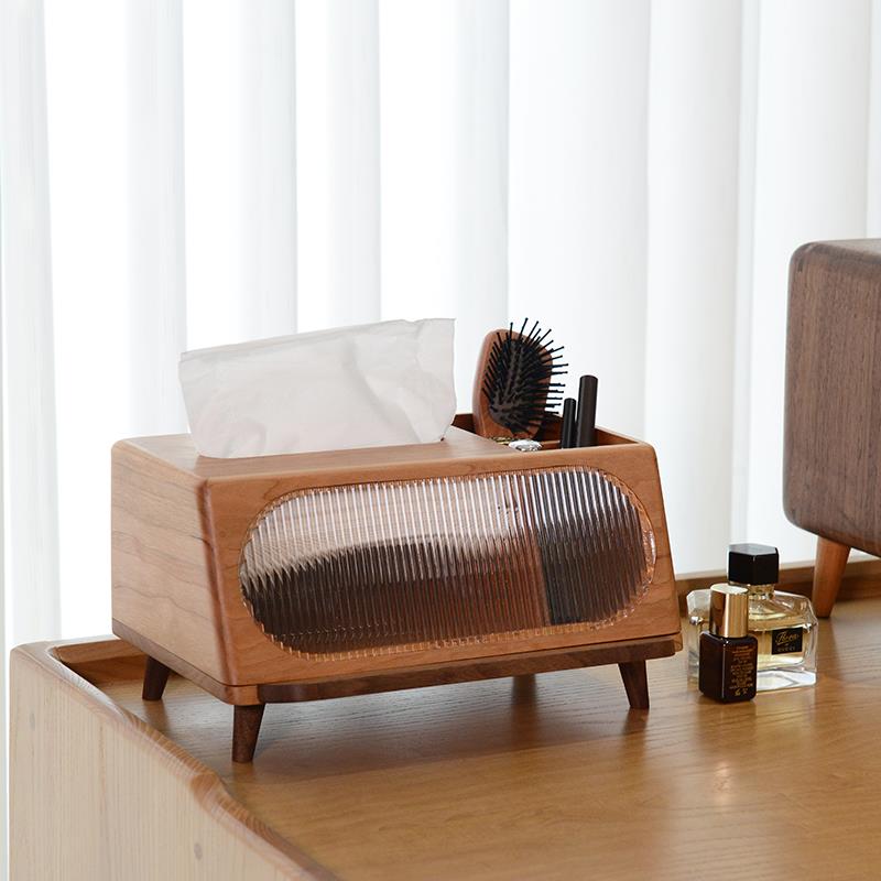 实木纸巾盒多功能手机架中古胡桃木高级感卫生纸盒茶几遥控器收纳