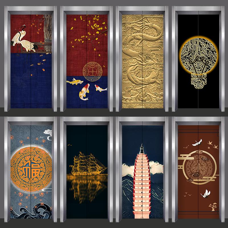 商场新中式创意中国红国潮画芯入户电梯玻璃门墙贴装饰画防撞防水