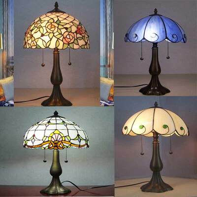 彩色玻璃灯饰田园乡村玫瑰台灯客厅卧室床头灯温馨台灯厂家