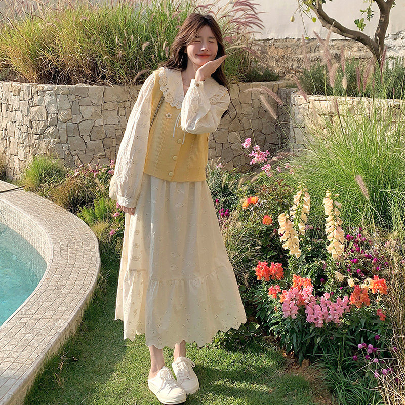 外贸出口转内销白色甜美针织马甲连衣裙套装女春天新款蕾丝娃娃领