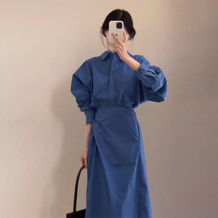 外贸出口转内销早秋穿搭蓝色长袖衬衫连衣裙子女早秋季新爆款高级