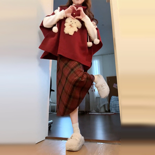 外贸出口转内销红色斗篷毛衣格子连衣裙子女秋冬季新款新穿搭过战