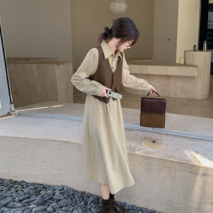 外贸出口转内销法式复古PU皮马甲连衣裙套装女秋季气质显瘦条纹衬