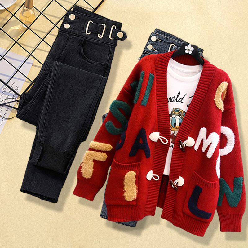 外贸出口转内销大码过红色套装女毛衣两件套初秋季高级感针织开衫