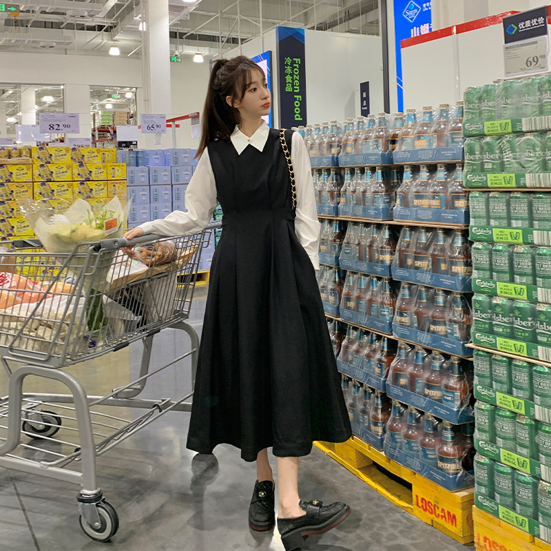外贸出口转内销黑色学院风连衣裙套装女秋季新款显瘦设计感衬衫背