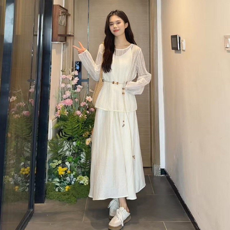 外贸出口转内销早秋气质穿搭白色罩衫吊带连衣裙子女夏季新款高级