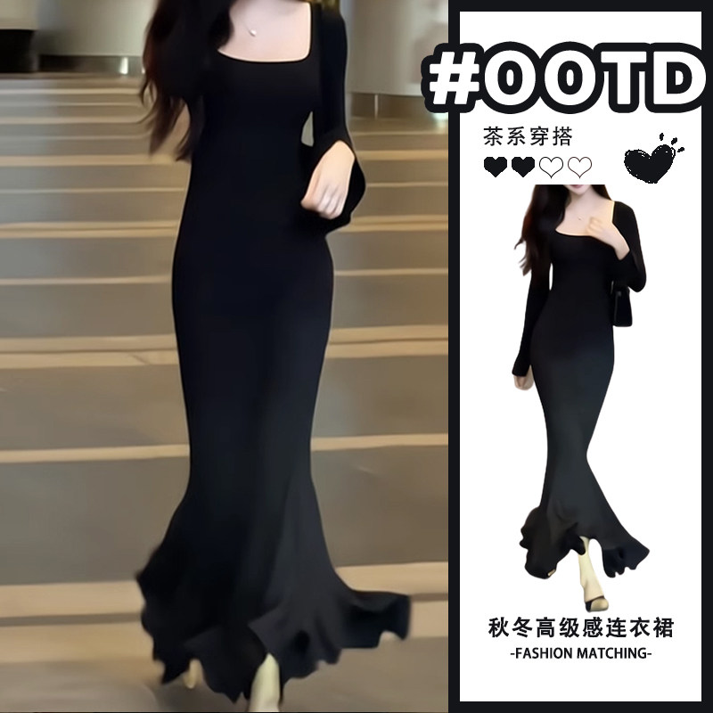 外贸出口转内销早秋穿搭法式步步生莲黑色连衣裙女新款打底内搭鱼
