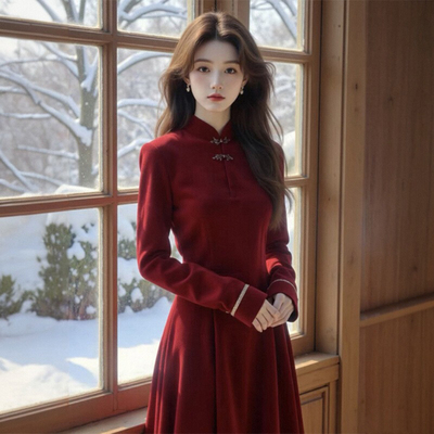 外贸出口转内销秋冬新中式女装红色气质盘扣丝绒连衣裙本命拜服国