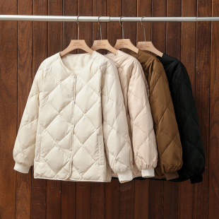 外贸出口转内销短款羽绒服女圆领冬季小个子轻薄女款宽松菱格无领