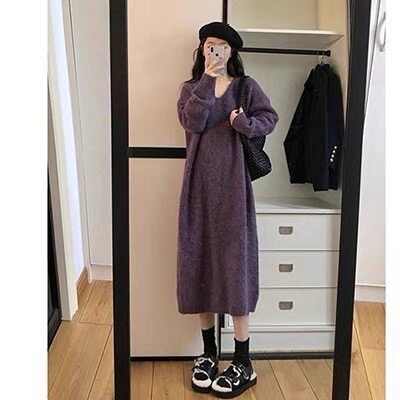 外贸出口转内销秋季穿搭高级感v领针织连衣裙配大衣宽松外穿加厚