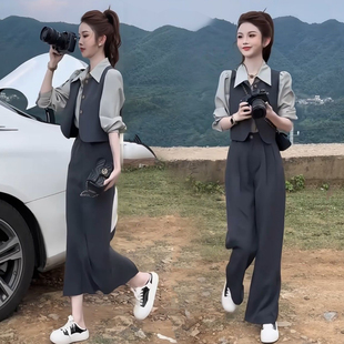 外贸出口转内销小个子减龄气质套装裙女秋季新款长袖衬衫马甲长裤